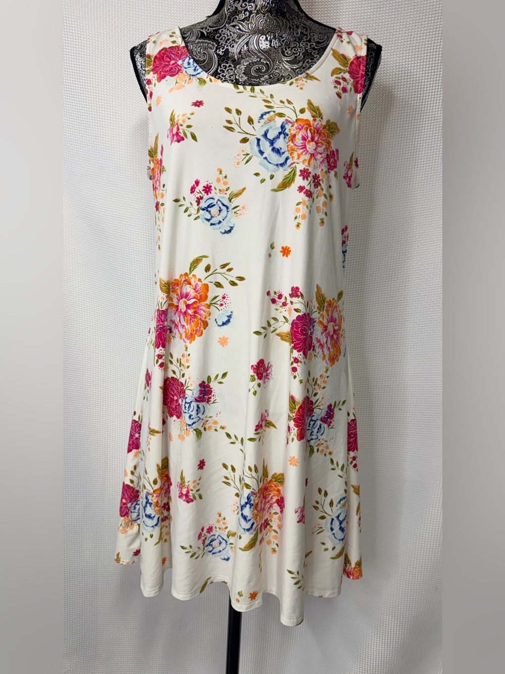 Mudd Cream Floral Midi Dress with Pink, Blue & Orange Blooms